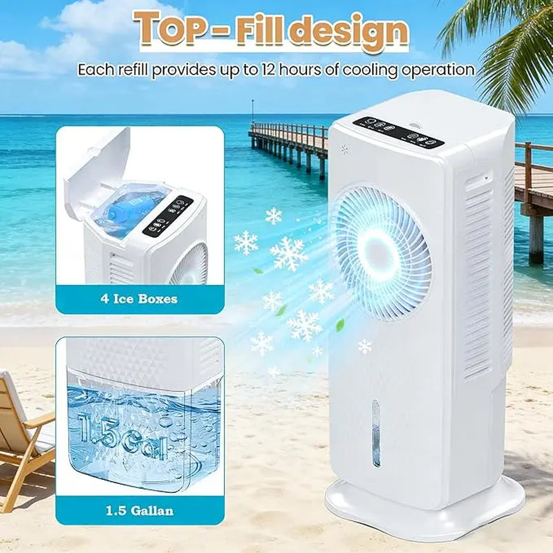 4-In-1 Portable Air Cooler with 120° Oscillation, 3 Speeds & 3 Modes, 1.5 Gal Water Tank, 4 Ice Packs, Remote Control & 12H Timer for Bedroom, Home, Office & Summer Use