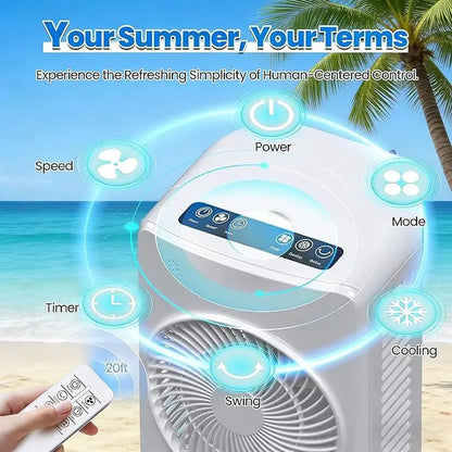 4-In-1 Portable Air Cooler with 120° Oscillation, 3 Speeds & 3 Modes, 1.5 Gal Water Tank, 4 Ice Packs, Remote Control & 12H Timer for Bedroom, Home, Office & Summer Use
