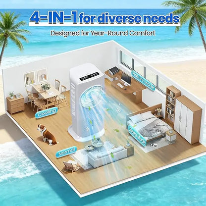 4-In-1 Portable Air Cooler with 120° Oscillation, 3 Speeds & 3 Modes, 1.5 Gal Water Tank, 4 Ice Packs, Remote Control & 12H Timer for Bedroom, Home, Office & Summer Use